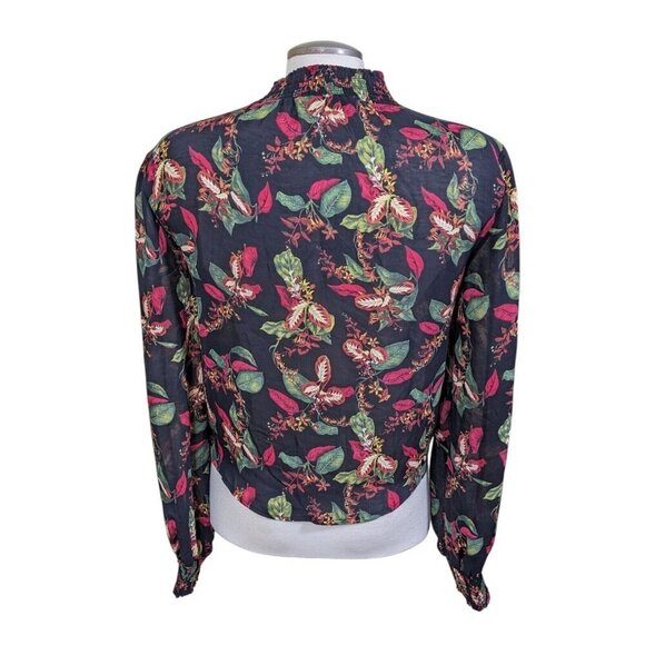 Maison Cinquecent Womens XS Top Black Floral Sheer Tie Front Smocked Mock Neck - Picture 6 of 8